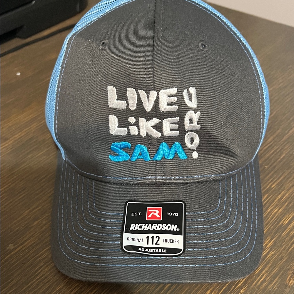 Richardson Gray and Blue Trucker Hat “Live Like Sam .Org”